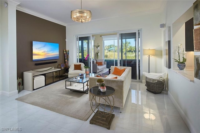 living room with crown molding