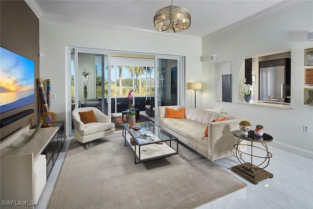 living room featuring crown molding and a notable chandelier