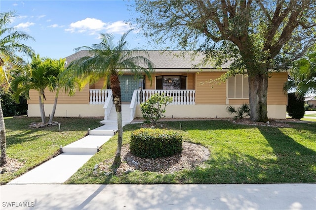 single story home with covered porch and a front lawn