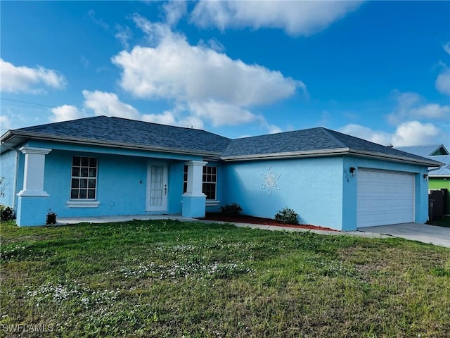 ranch-style house featuring stucco siding, a shingled roof, a garage, driveway, and a front lawn