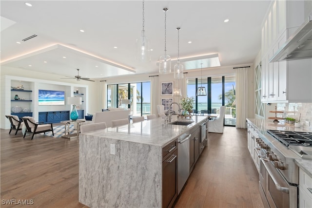 kitchen featuring wood finished floors, a sink, wall chimney range hood, appliances with stainless steel finishes, and plenty of natural light