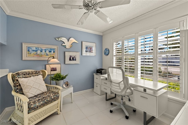 office with a textured ceiling, light tile patterned floors, a ceiling fan, baseboards, and crown molding