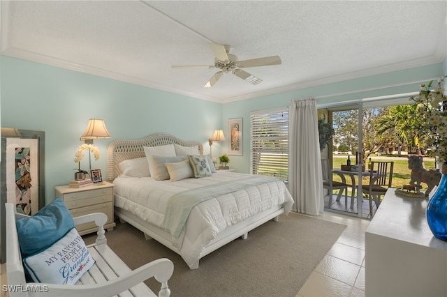 bedroom with access to outside, crown molding, a ceiling fan, and a textured ceiling