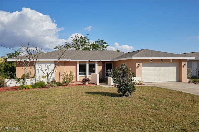 ranch-style house with a garage and a front yard