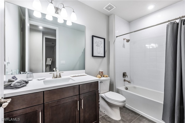 bathroom featuring shower / tub combo, visible vents, toilet, tile patterned floors, and vanity