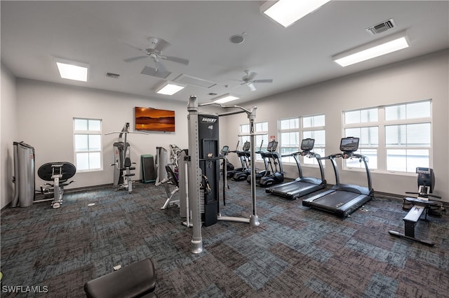 workout area with plenty of natural light, visible vents, and carpet flooring