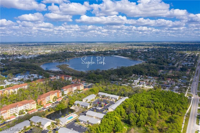 bird's eye view with a water view