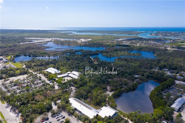 bird's eye view with a water view and a forest view