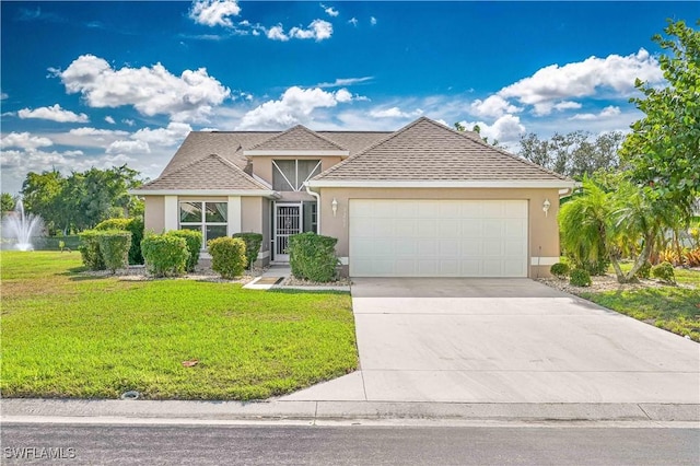 view of front of house featuring a garage and a front lawn