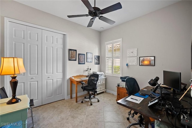 tiled office with ceiling fan