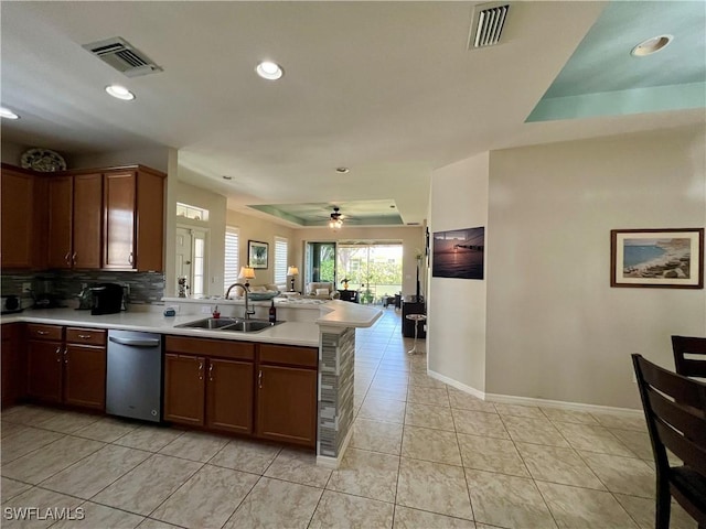 kitchen with kitchen peninsula, sink, ceiling fan, dishwasher, and decorative backsplash