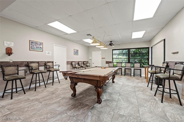 recreation room featuring ceiling fan, a drop ceiling, billiards, and visible vents