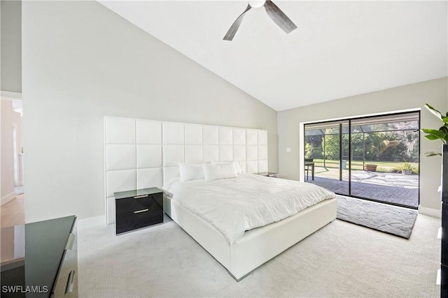 bedroom with ceiling fan, light colored carpet, high vaulted ceiling, and access to outside