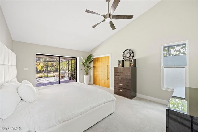 carpeted bedroom featuring ceiling fan, access to outside, and high vaulted ceiling