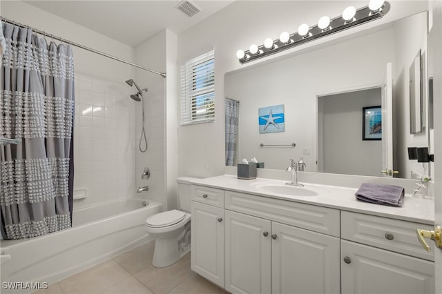 full bathroom with toilet, vanity, shower / bathtub combination with curtain, and tile patterned flooring