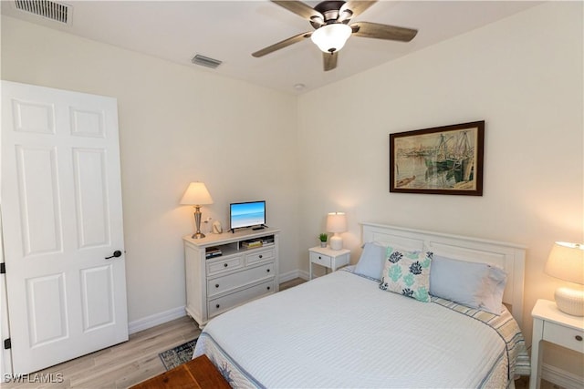 bedroom featuring ceiling fan and light wood-type flooring