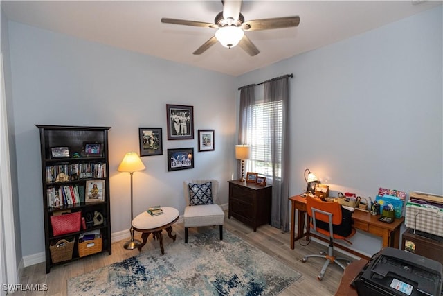 office area featuring ceiling fan and light wood-type flooring