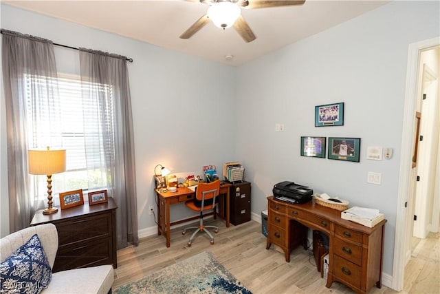 office space featuring ceiling fan and light wood-type flooring