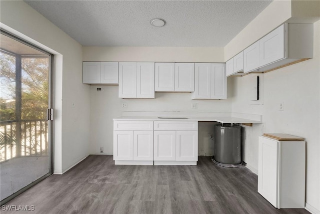 kitchen featuring white cabinetry, hardwood / wood-style flooring, and a textured ceiling