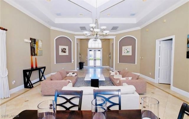 living room with crown molding, light tile patterned floors, an inviting chandelier, and french doors