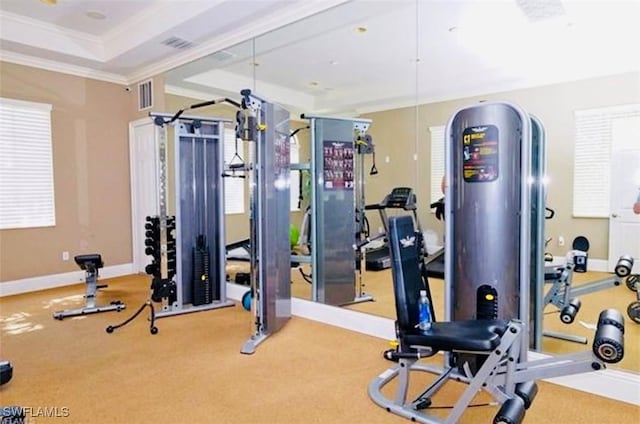 exercise room with crown molding, carpet flooring, and a raised ceiling