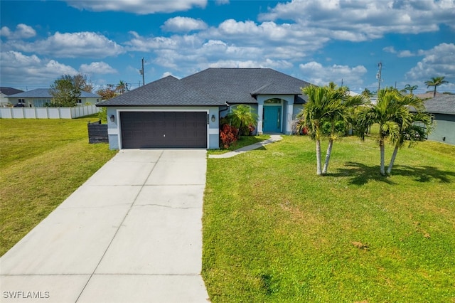 view of front of property featuring a garage and a front lawn