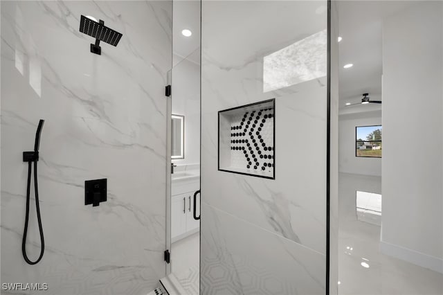 2125 Trafalgar Pkwy, Cape Coral, FL 33991 - bathroom featuring a marble finish shower, vanity, and recessed lighting