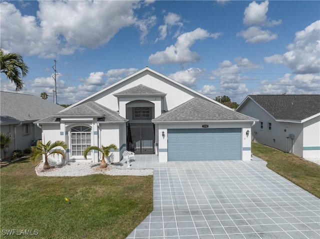 view of front of home with a front lawn and a garage