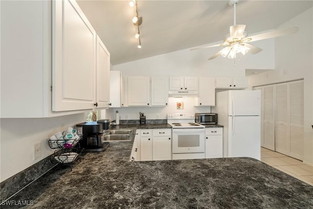 kitchen with tile patterned floors, sink, white cabinetry, vaulted ceiling, and white appliances