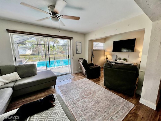 living room featuring ceiling fan and dark hardwood / wood-style floors