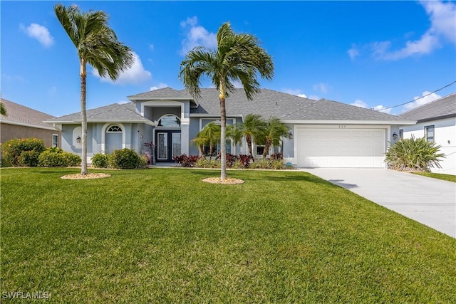 single story home with a garage and a front yard