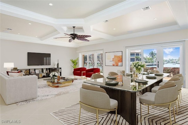 342 Germain Ave, Naples, FL 34108 - tiled dining room featuring visible vents, ceiling fan, coffered ceiling, and french doors
