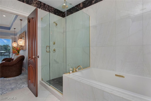 342 Germain Ave, Naples, FL 34108 - bathroom with ornamental molding, a shower stall, a garden tub, and marble finish floor