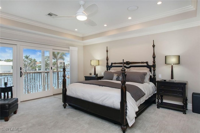 342 Germain Ave, Naples, FL 34108 - bedroom featuring access to exterior, light carpet, ornamental molding, visible vents, and a raised ceiling