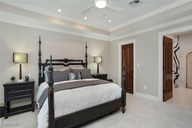 342 Germain Ave, Naples, FL 34108 - bedroom featuring recessed lighting, ceiling fan, visible vents, ornamental molding, and light colored carpet