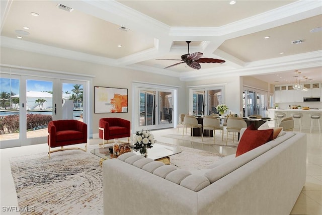 342 Germain Ave, Naples, FL 34108 - living room featuring visible vents, a wealth of natural light, and coffered ceiling