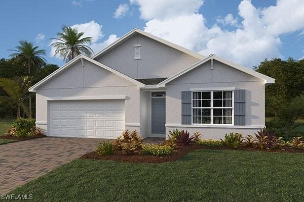 ranch-style home featuring an attached garage, stucco siding, decorative driveway, and a front yard