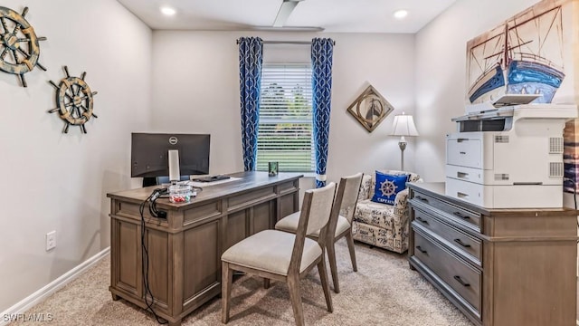 office with recessed lighting, light carpet, and baseboards