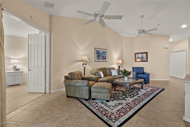 living area with light tile patterned floors, baseboards, visible vents, ceiling fan, and recessed lighting