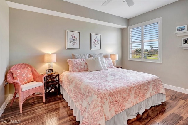 bedroom featuring hardwood / wood-style floors and ceiling fan