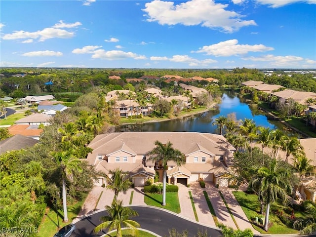 bird's eye view with a water view