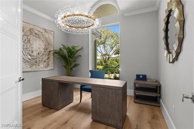4306 Sanctuary Way, Bonita Springs, FL 34134 - office area with a chandelier, crown molding, baseboards, and wood finished floors
