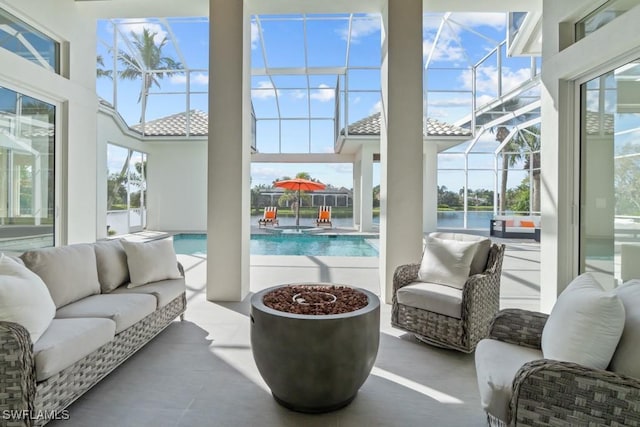 sunroom with a pool