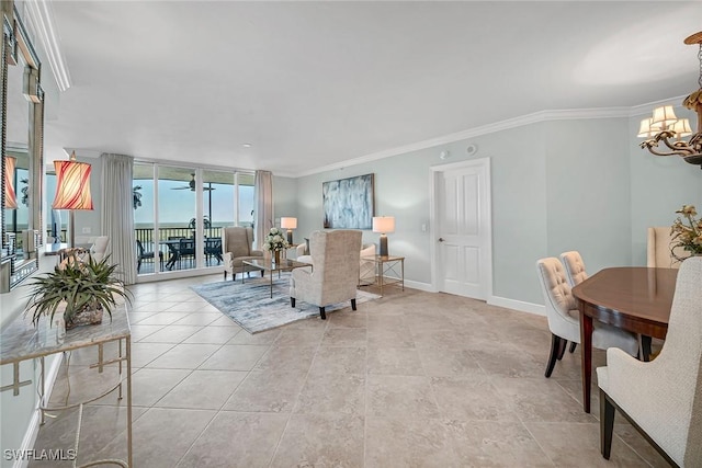 tiled living room featuring ornamental molding, a chandelier, and a wall of windows