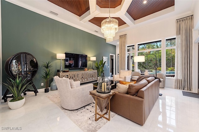 living room with a chandelier, recessed lighting, coffered ceiling, visible vents, and ornamental molding