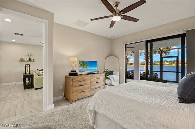 bedroom with carpet floors, access to outside, and ceiling fan