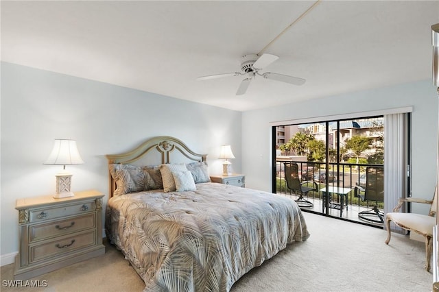 bedroom featuring ceiling fan, access to exterior, and light carpet