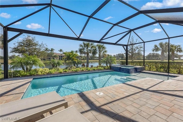 2720 Amaranda Ct, Naples, FL 34114 - view of swimming pool with a water view, an in ground hot tub, a patio area, and glass enclosure