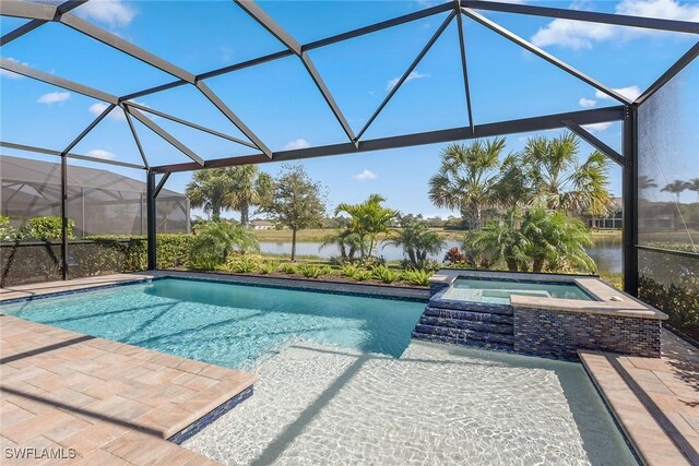 2720 Amaranda Ct, Naples, FL 34114 - view of pool with an in ground hot tub, a water view, a lanai, and a patio