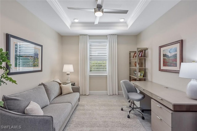 2720 Amaranda Ct, Naples, FL 34114 - office area featuring crown molding, a raised ceiling, and ceiling fan